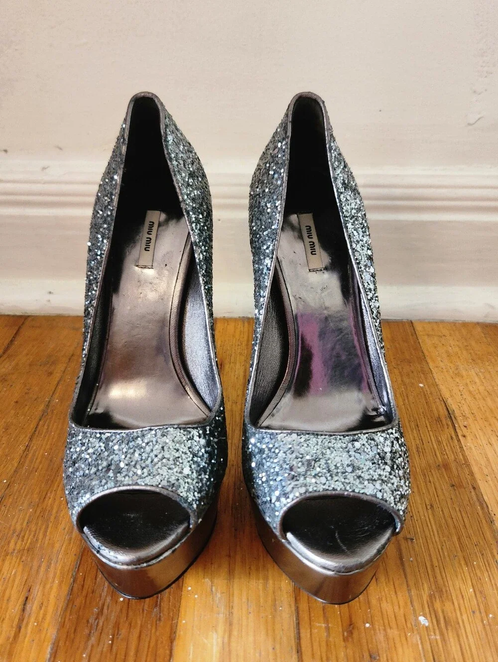 Vintage MIU MIU Platform Gunmetal Glitter Pumps Y2K